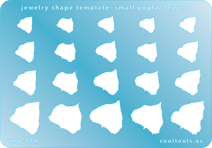 Blue plastic Jewelry Shape Template - Small Poplar Leaves Includes 20 shapes. Sizes are from 9mm to 19.5mm. Our special surface makes it easy to find these templates on your workbench, but allows clarity for positioning.