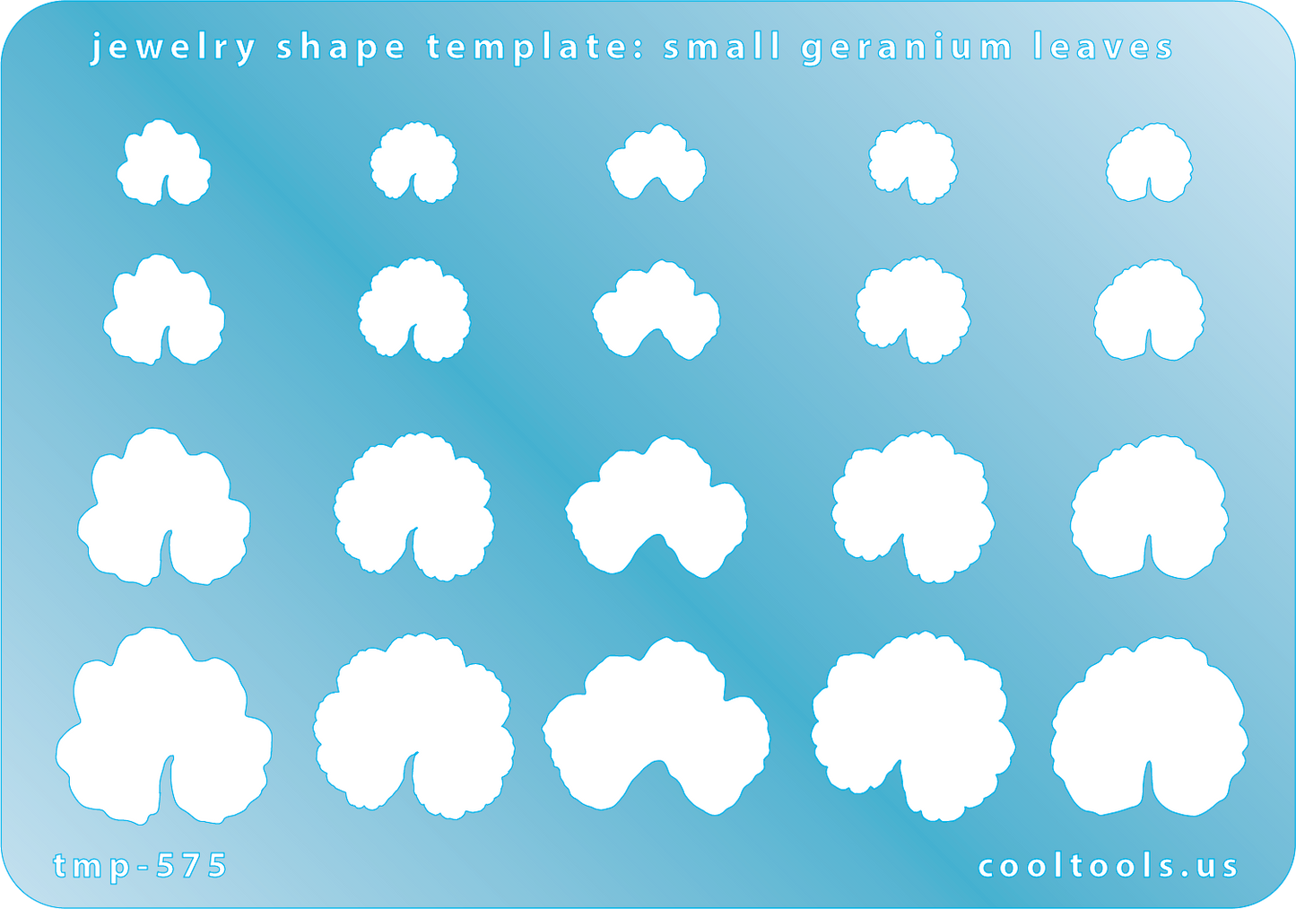 Blue plastic Jewelry Shape Template - Small Geranium Leaves Includes 20 shapes. Sizes are from 9mm to 21mm. Our special surface makes it easy to find these templates on your workbench, but allows clarity for positioning.