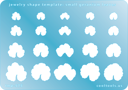 Blue plastic Jewelry Shape Template - Small Geranium Leaves Includes 20 shapes. Sizes are from 9mm to 21mm. Our special surface makes it easy to find these templates on your workbench, but allows clarity for positioning.