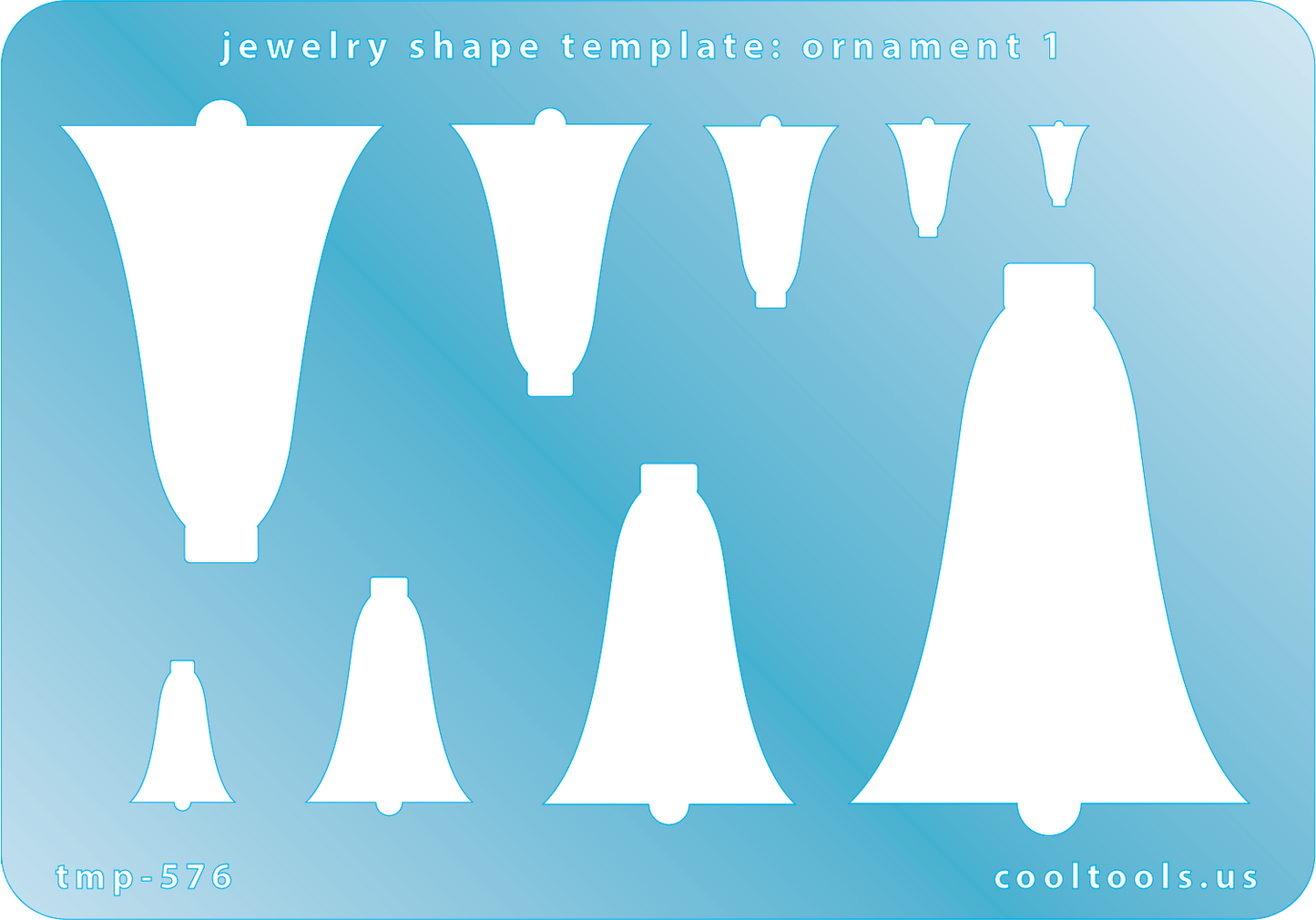 Blue plastic Jewelry Shape Template - Ornament 1 Includes 9 shapes. Sizes are from 8mm to 55.5mm. Our special surface makes it easy to find these templates on your workbench, but allows clarity for positioning.