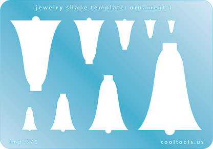 Blue plastic Jewelry Shape Template - Ornament 1 Includes 9 shapes. Sizes are from 8mm to 55.5mm. Our special surface makes it easy to find these templates on your workbench, but allows clarity for positioning.