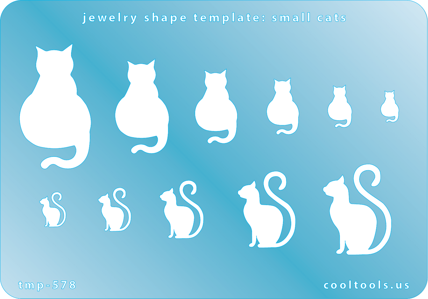 Blue plastic Jewelry Shape Template - Small Cats Our special surface makes it easy to find these templates on your workbench, but allows clarity for positioning. Use smaller shapes for embossing or enamel stencils. Includes 7 cat shapes. Sizes are from 20mm to 50mm.