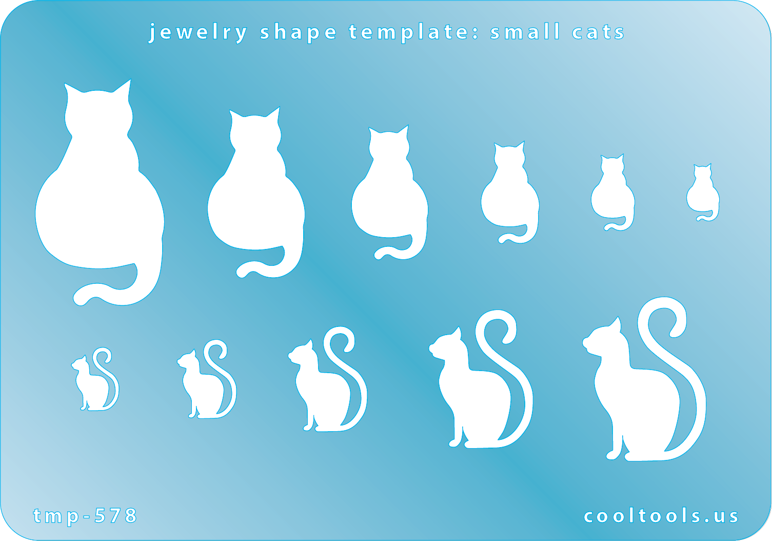 Blue plastic Jewelry Shape Template - Small Cats Our special surface makes it easy to find these templates on your workbench, but allows clarity for positioning. Use smaller shapes for embossing or enamel stencils. Includes 7 cat shapes. Sizes are from 20mm to 50mm.