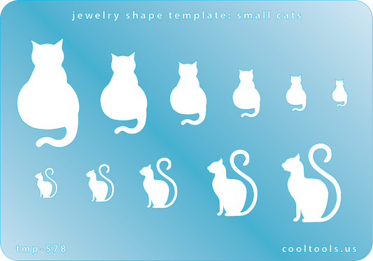 Blue plastic Jewelry Shape Template - Small Cats Our special surface makes it easy to find these templates on your workbench, but allows clarity for positioning. Use smaller shapes for embossing or enamel stencils. Includes 7 cat shapes. Sizes are from 20mm to 50mm.