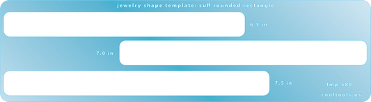 Blue plastic Jewelry Shape Template - Cuff Rounded Rectangle Includes 3 shapes. Sizes are from 6.5in to 7.5in. Our special surface makes it easy to find these templates on your workbench, but allows clarity for positioning.