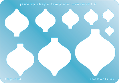 Blue plastic Jewelry Shape Template - Ornament 6 Includes 9 shapes. Sizes are from 11mm to 50mm. Our special surface makes it easy to find these templates on your workbench, but allows clarity for positioning.