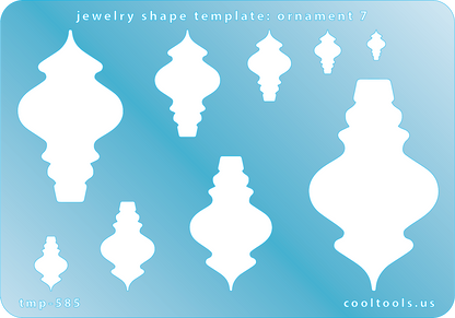 Blue plastic Jewelry Shape Template - Ornament 7 Includes 9 shapes. Sizes are from 8mm to 59mm. Our special surface makes it easy to find these templates on your workbench, but allows clarity for positioning.