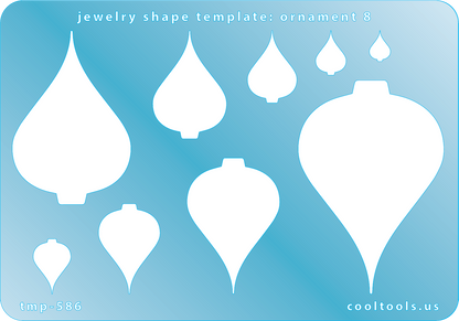 Blue plastic Jewelry Shape Template - Ornament 8 Includes 9 shapes. Sizes are from 8.5mm to 59mm. Our special surface makes it easy to find these templates on your workbench, but allows clarity for positioning.