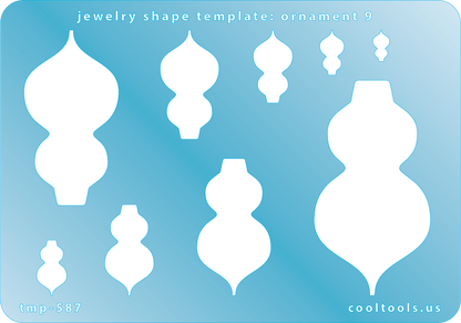 Blue plastic Jewelry Shape Template - Ornament 9 Includes 9 shapes. Sizes are from 8mm to 59mm. Our special surface makes it easy to find these templates on your workbench, but allows clarity for positioning.