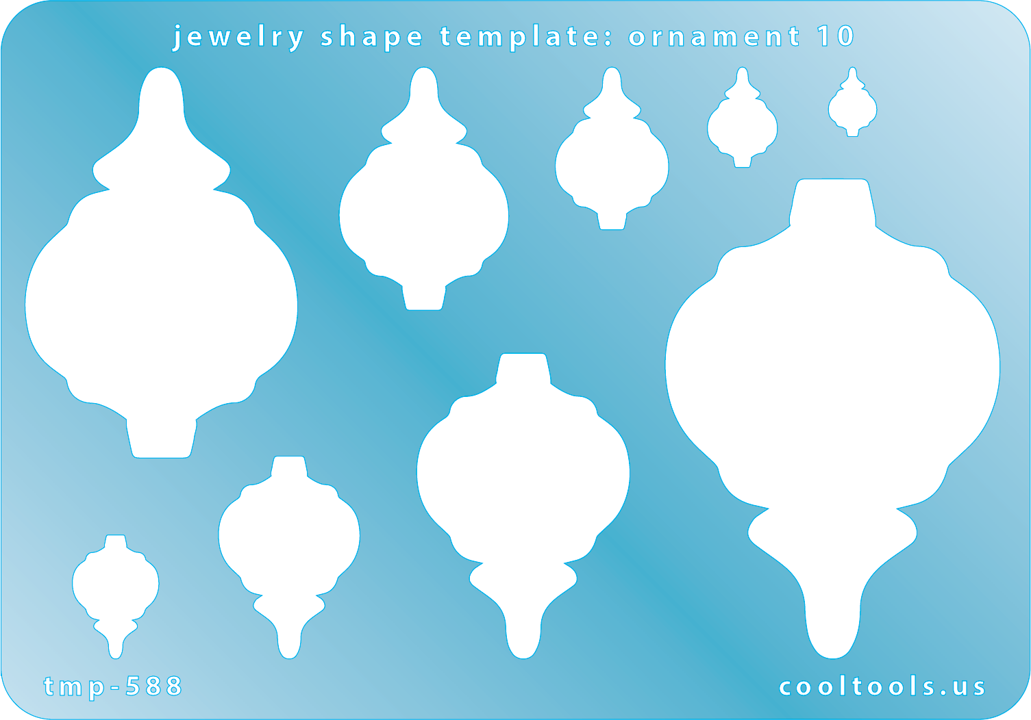 Blue plastic Jewelry Shape Template - Ornament 10 Includes 9 shapes. Sizes are from 8mm to 59mm. Our special surface makes it easy to find these templates on your workbench, but allows clarity for positioning.