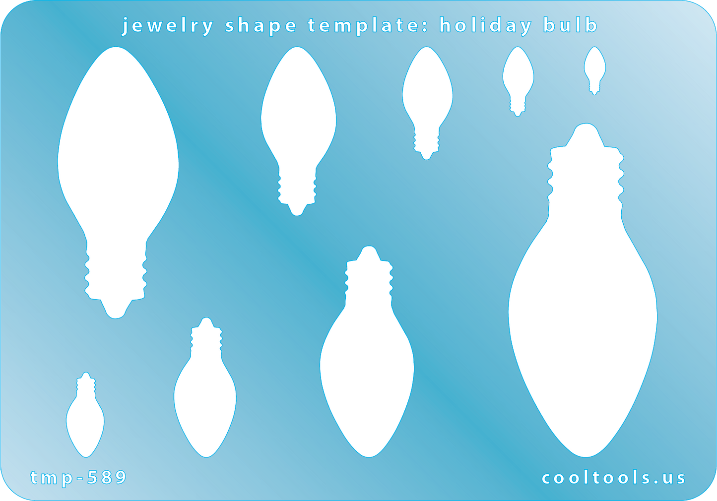 Blue plastic Jewelry Shape Template - Holiday Bulb Includes 9 shapes. Sizes are from 8.5mm to 59mm.  Our special surface makes it easy to find these templates on your workbench, but allows clarity for positioning.