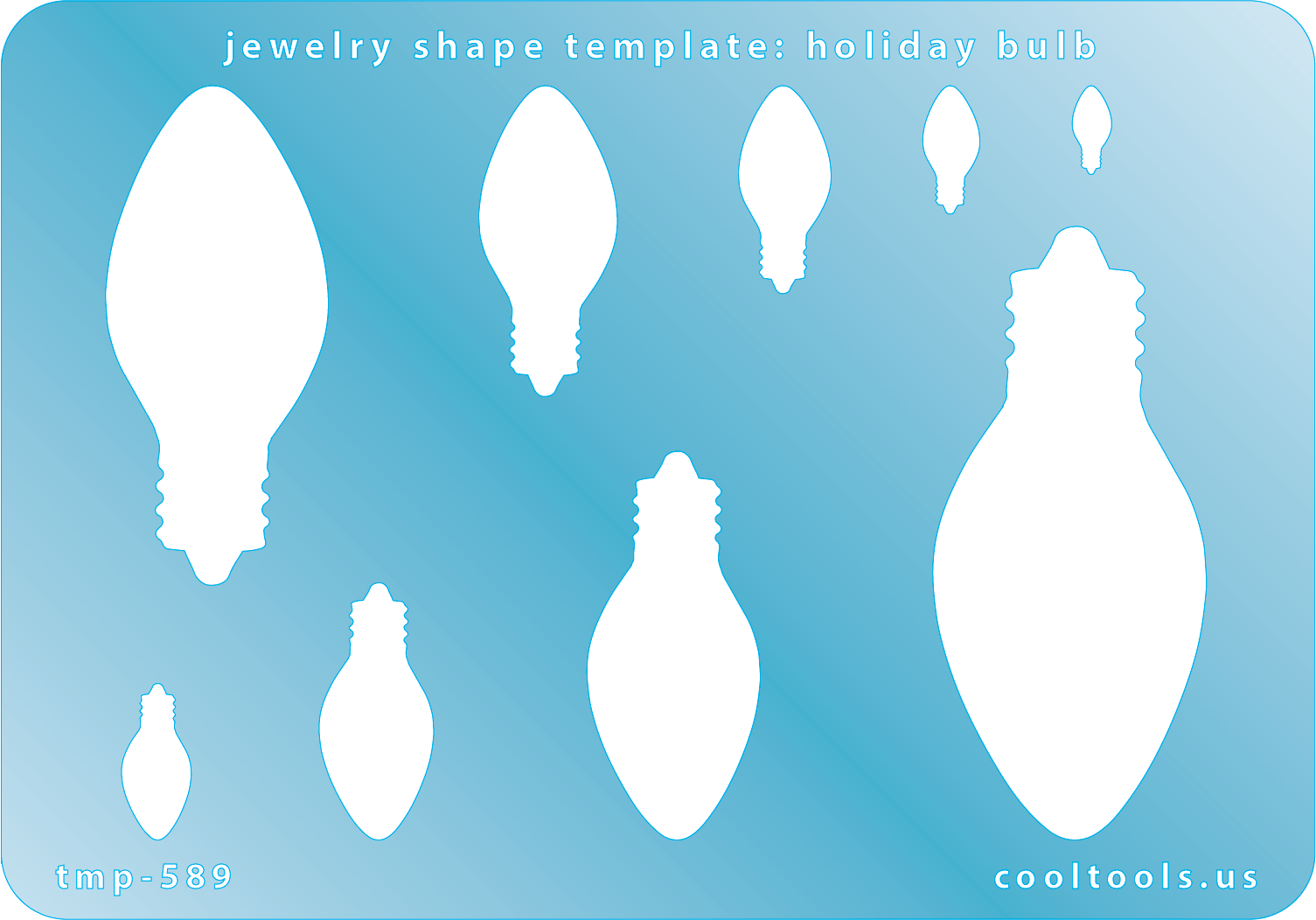 Blue plastic Jewelry Shape Template - Holiday Bulb Includes 9 shapes. Sizes are from 8.5mm to 59mm.  Our special surface makes it easy to find these templates on your workbench, but allows clarity for positioning.