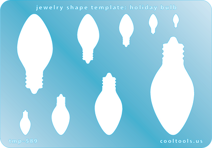 Blue plastic Jewelry Shape Template - Holiday Bulb Includes 9 shapes. Sizes are from 8.5mm to 59mm.  Our special surface makes it easy to find these templates on your workbench, but allows clarity for positioning.