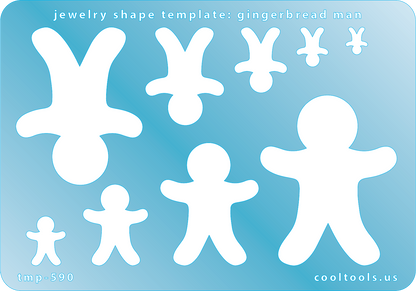 Blue plastic Jewelry Shape Template - Gingerbread Man Includes 9 shapes. Sizes are from 8.5mm to 53mm.  Our special surface makes it easy to find these templates on your workbench, but allows clarity for positioning.