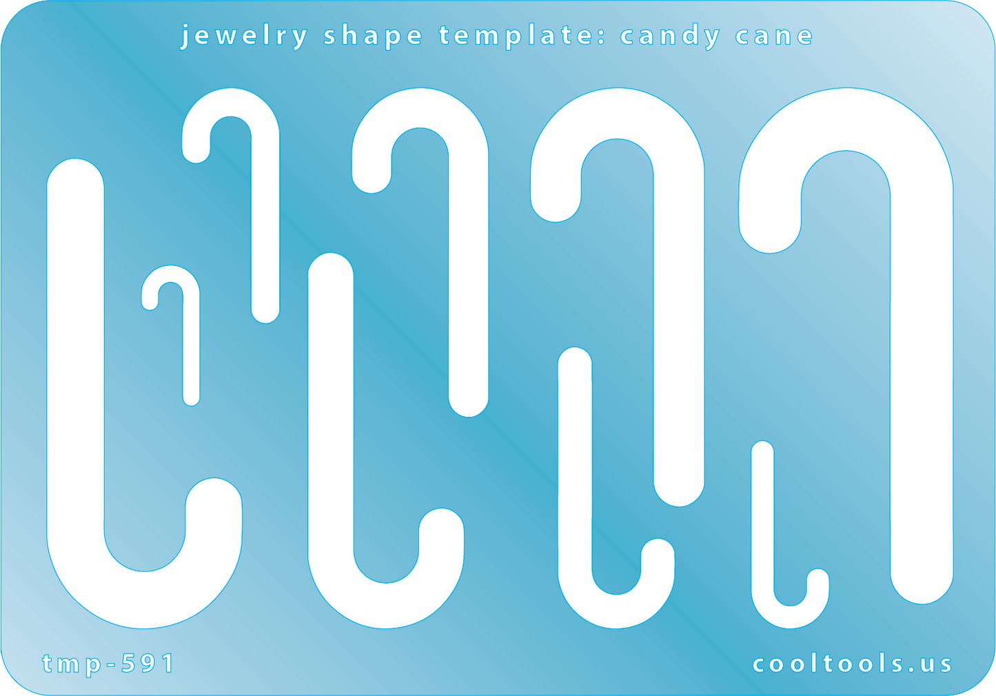 Blue plastic Jewelry Shape Template - Candy Cane Includes 9 shapes. Sizes are from 18mm to 65mm.  Our special surface makes it easy to find these templates on your workbench, but allows clarity for positioning.