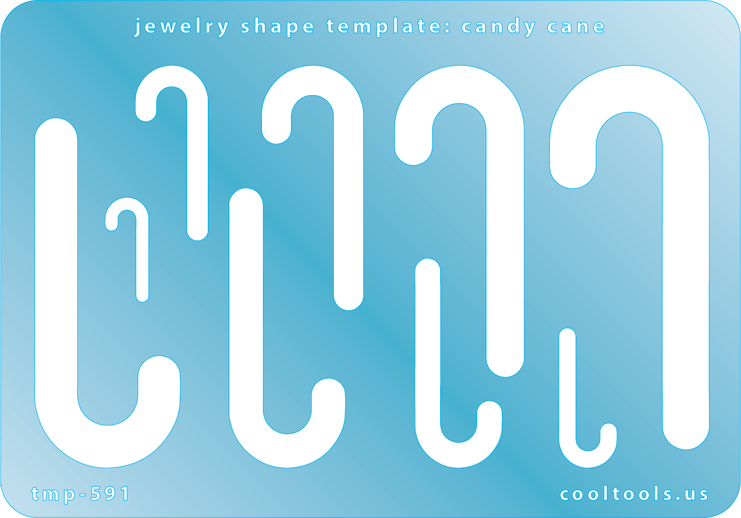 Blue plastic Jewelry Shape Template - Candy Cane Includes 9 shapes. Sizes are from 18mm to 65mm.  Our special surface makes it easy to find these templates on your workbench, but allows clarity for positioning.