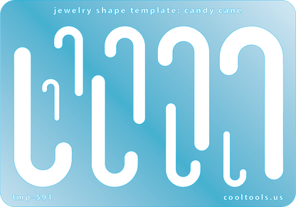 Blue plastic Jewelry Shape Template - Candy Cane Includes 9 shapes. Sizes are from 18mm to 65mm.  Our special surface makes it easy to find these templates on your workbench, but allows clarity for positioning.