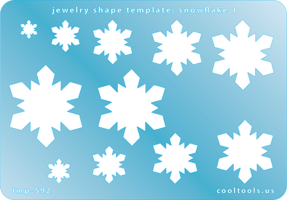 Blue plastic Jewelry Shape Template - Snowflake 1 Includes 11 shapes. Sizes are from 8mm to 36.5mm.  Our special surface makes it easy to find these templates on your workbench, but allows clarity for positioning.