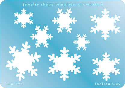 Blue plastic Jewelry Shape Template - Snowflake 2 Includes 8 shapes. Sizes are from 8mm to 36.5mm.  Our special surface makes it easy to find these templates on your workbench, but allows clarity for positioning.