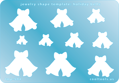 Blue plastic Jewelry Shape Template - Holiday Bells Includes 10 shapes. Sizes are from 10mm to 29mm.  Our special surface makes it easy to find these templates on your workbench, but allows clarity for positioning.