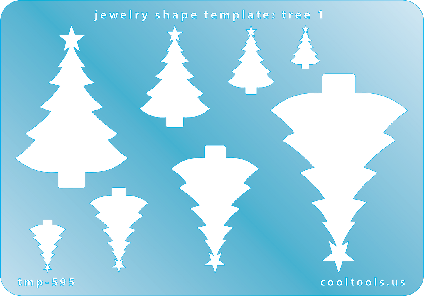 Blue plastic Jewelry Shape Template - Tree 1 Includes 8 shapes. Sizes are from 12.5mm to 59mm.  Our special surface makes it easy to find these templates on your workbench, but allows clarity for positioning.