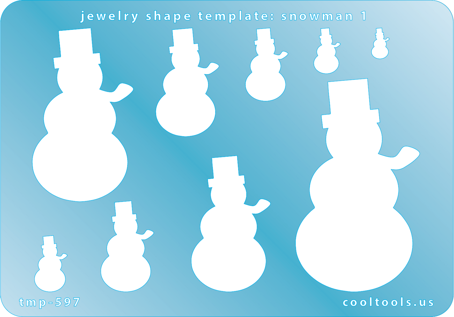 Blue plastic Jewelry Shape Template - Snowman 1 Includes 9 shapes. Sizes are from 8.5mm to 59.5mm.  Our special surface makes it easy to find these templates on your workbench, but allows clarity for positioning.