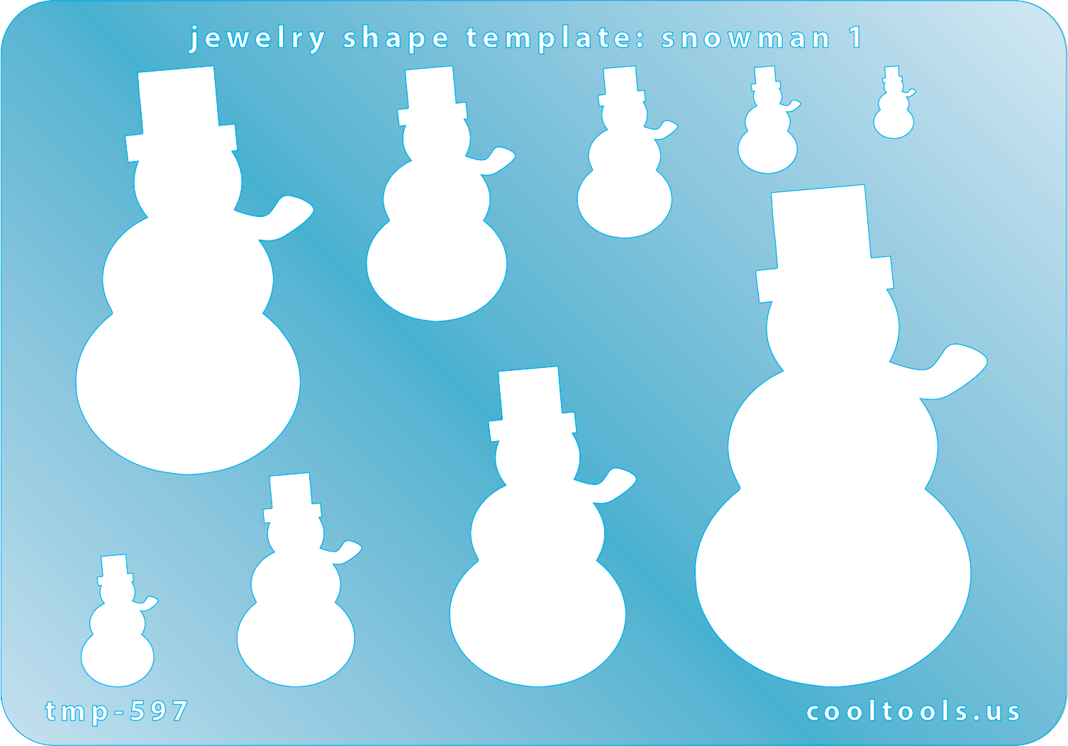 Blue plastic Jewelry Shape Template - Snowman 1 Includes 9 shapes. Sizes are from 8.5mm to 59.5mm.  Our special surface makes it easy to find these templates on your workbench, but allows clarity for positioning.