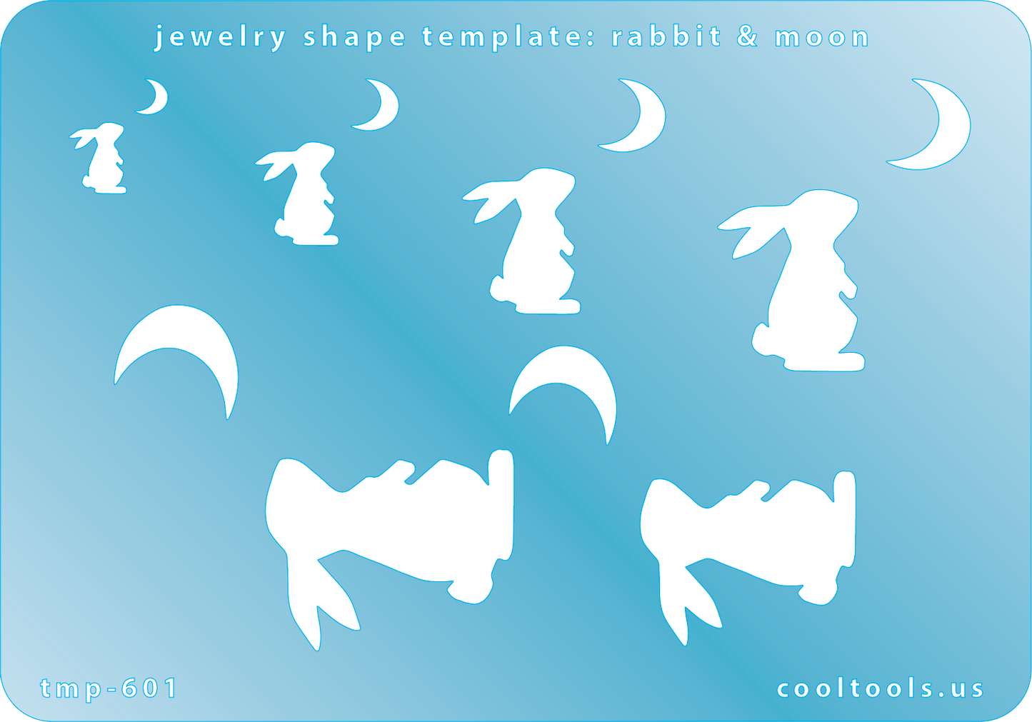 Blue plastic Jewelry Shape Template - Rabbit & Moon Includes 6 shapes. Sizes are from 8.5mm to 30.5mm.  Our special surface makes it easy to find these templates on your workbench, but allows clarity for positioning.