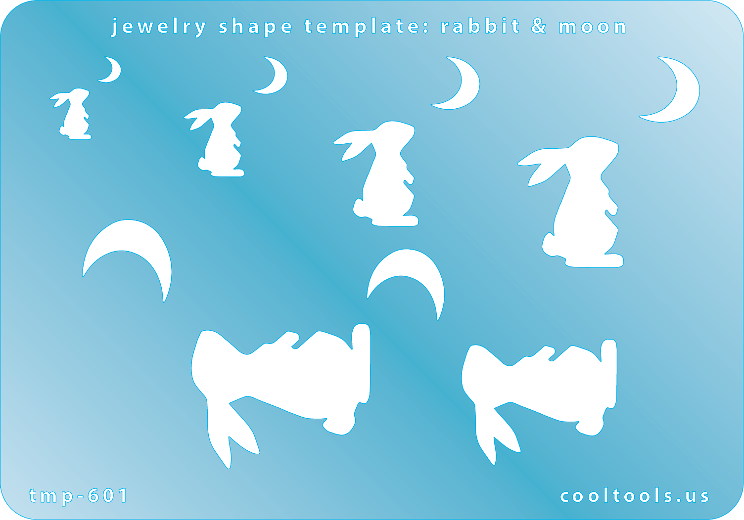 Blue plastic Jewelry Shape Template - Rabbit & Moon Includes 6 shapes. Sizes are from 8.5mm to 30.5mm.  Our special surface makes it easy to find these templates on your workbench, but allows clarity for positioning.