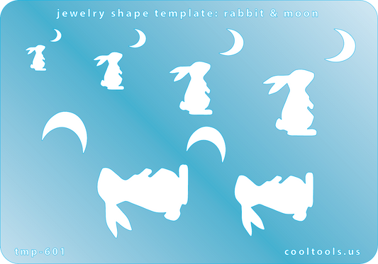 Blue plastic Jewelry Shape Template - Rabbit & Moon Includes 6 shapes. Sizes are from 8.5mm to 30.5mm.  Our special surface makes it easy to find these templates on your workbench, but allows clarity for positioning.