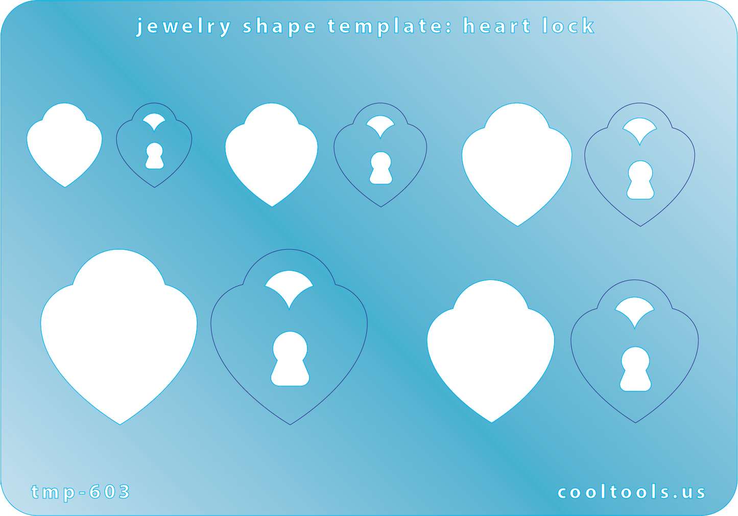 Jewelry Shape Template - Heart Lock Includes 5 shapes. Sizes are from 14mm to 30mm.  Our special surface makes it easy to find these templates on your workbench, but allows clarity for positioning.