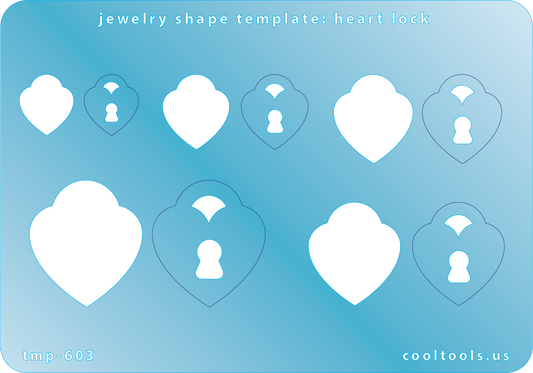 Jewelry Shape Template - Heart Lock Includes 5 shapes. Sizes are from 14mm to 30mm.  Our special surface makes it easy to find these templates on your workbench, but allows clarity for positioning.