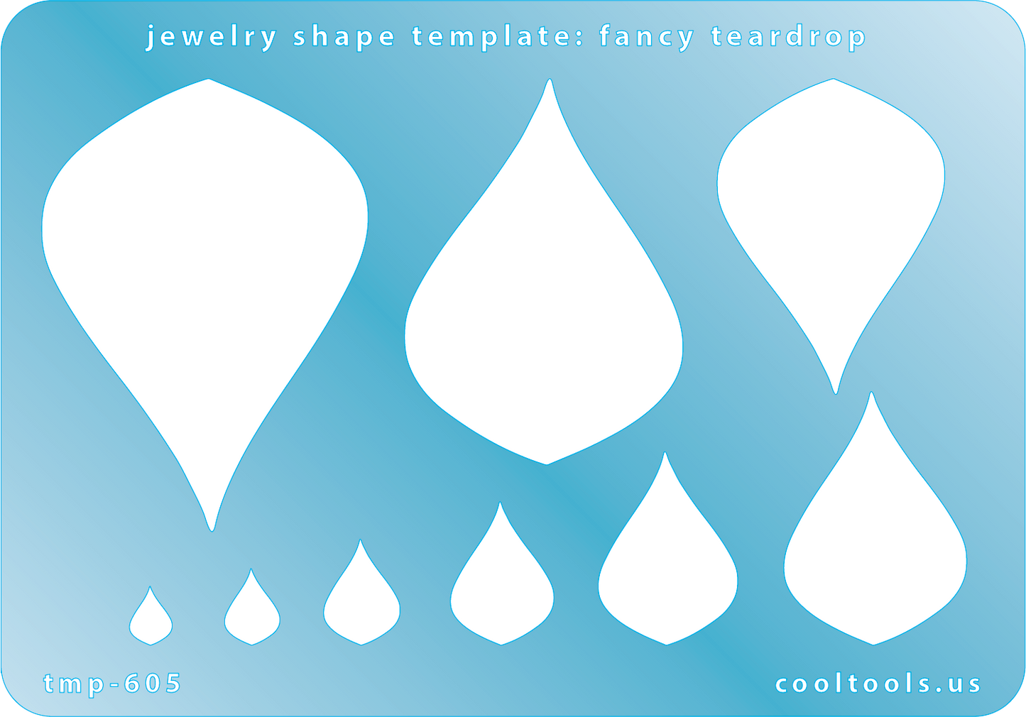 Blue plastic Jewelry Shape Template - Fancy Teardrop Includes 9 shapes. Sizes are from 6mm to 55.5mm.  Our special surface makes it easy to find these templates on your workbench, but allows clarity for positioning.