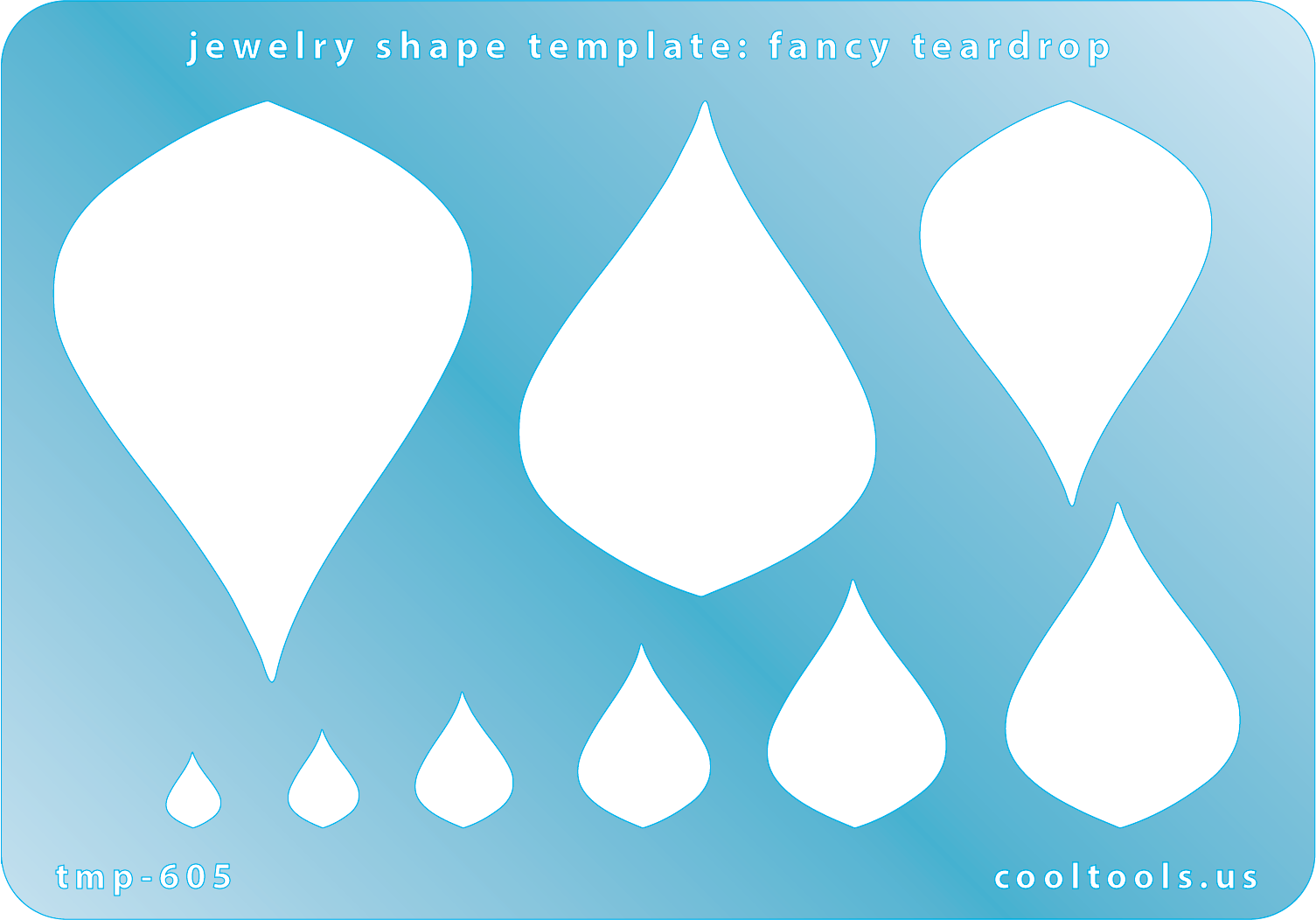 Blue plastic Jewelry Shape Template - Fancy Teardrop Includes 9 shapes. Sizes are from 6mm to 55.5mm.  Our special surface makes it easy to find these templates on your workbench, but allows clarity for positioning.
