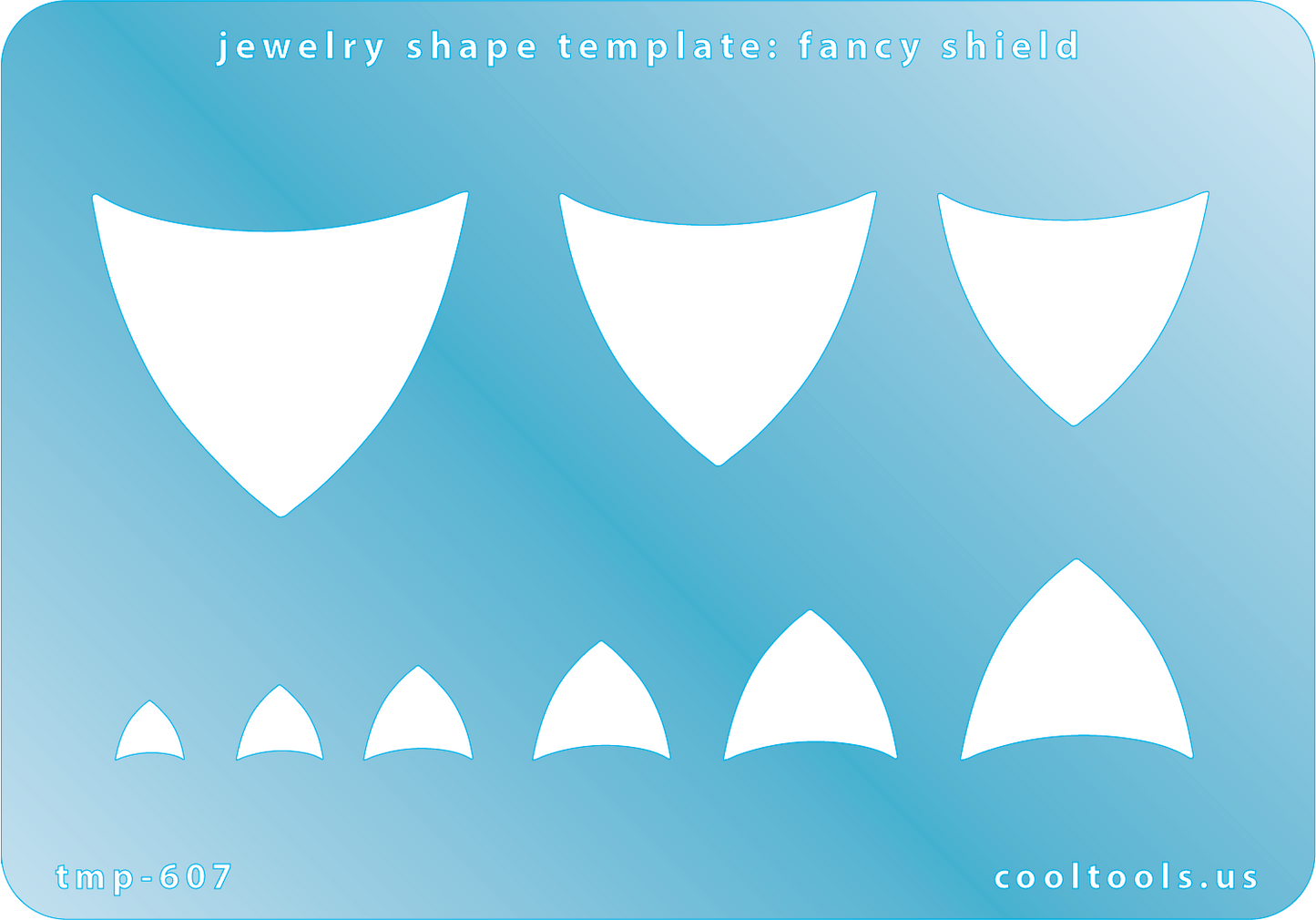 Blue plastic Jewelry Shape Template - Fancy Shield Includes 9 shapes. Sizes are from 6mm to 36mm.  Our special surface makes it easy to find these templates on your workbench, but allows clarity for positioning.