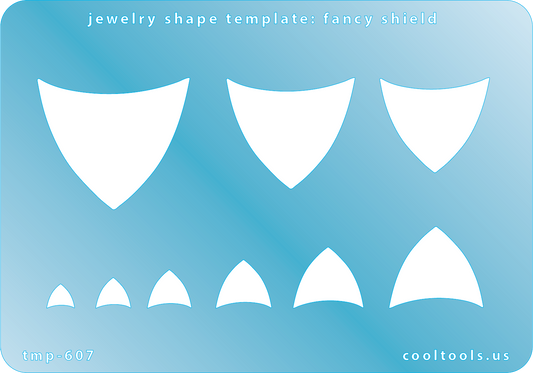 Blue plastic Jewelry Shape Template - Fancy Shield Includes 9 shapes. Sizes are from 6mm to 36mm.  Our special surface makes it easy to find these templates on your workbench, but allows clarity for positioning.