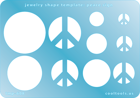 Blue plastic Jewelry Shape Template - Peace Sign Includes 5 shapes. Sizes are from 13.5mm to 38mm.  Our special surface makes it easy to find these templates on your workbench, but allows clarity for positioning.