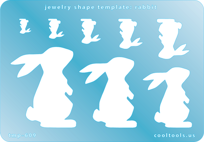 Blue plastic Jewelry Shape Template - Rabbit Includes 8 shapes. Sizes are from 9mm to 50.5mm.  Our special surface makes it easy to find these templates on your workbench, but allows clarity for positioning.