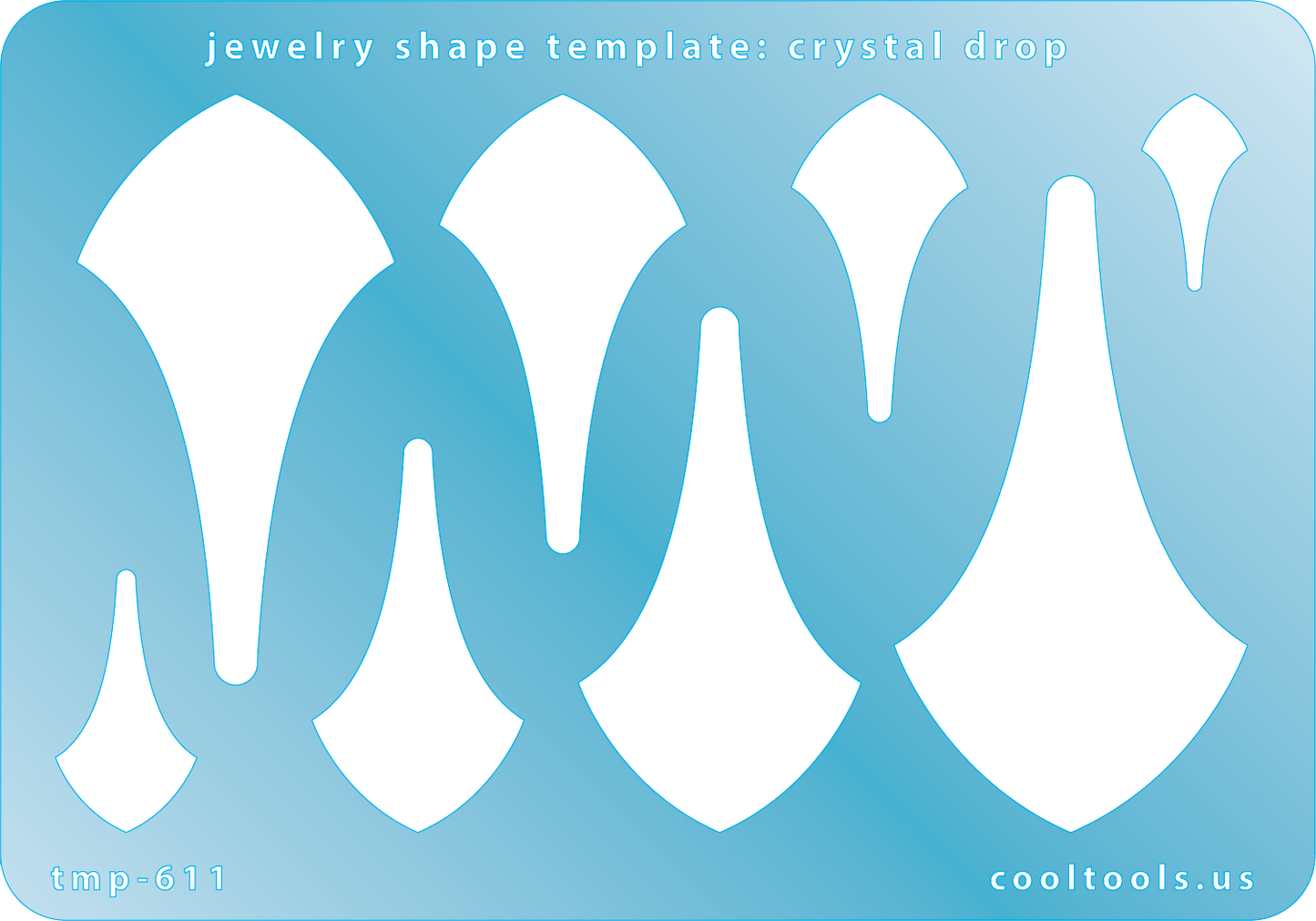 Blue plastic Jewelry Shape Template - Crystal Drop Includes 8 shapes. Sizes are from 18.5mm to 63mm.  Our special surface makes it easy to find these templates on your workbench, but allows clarity for positioning.