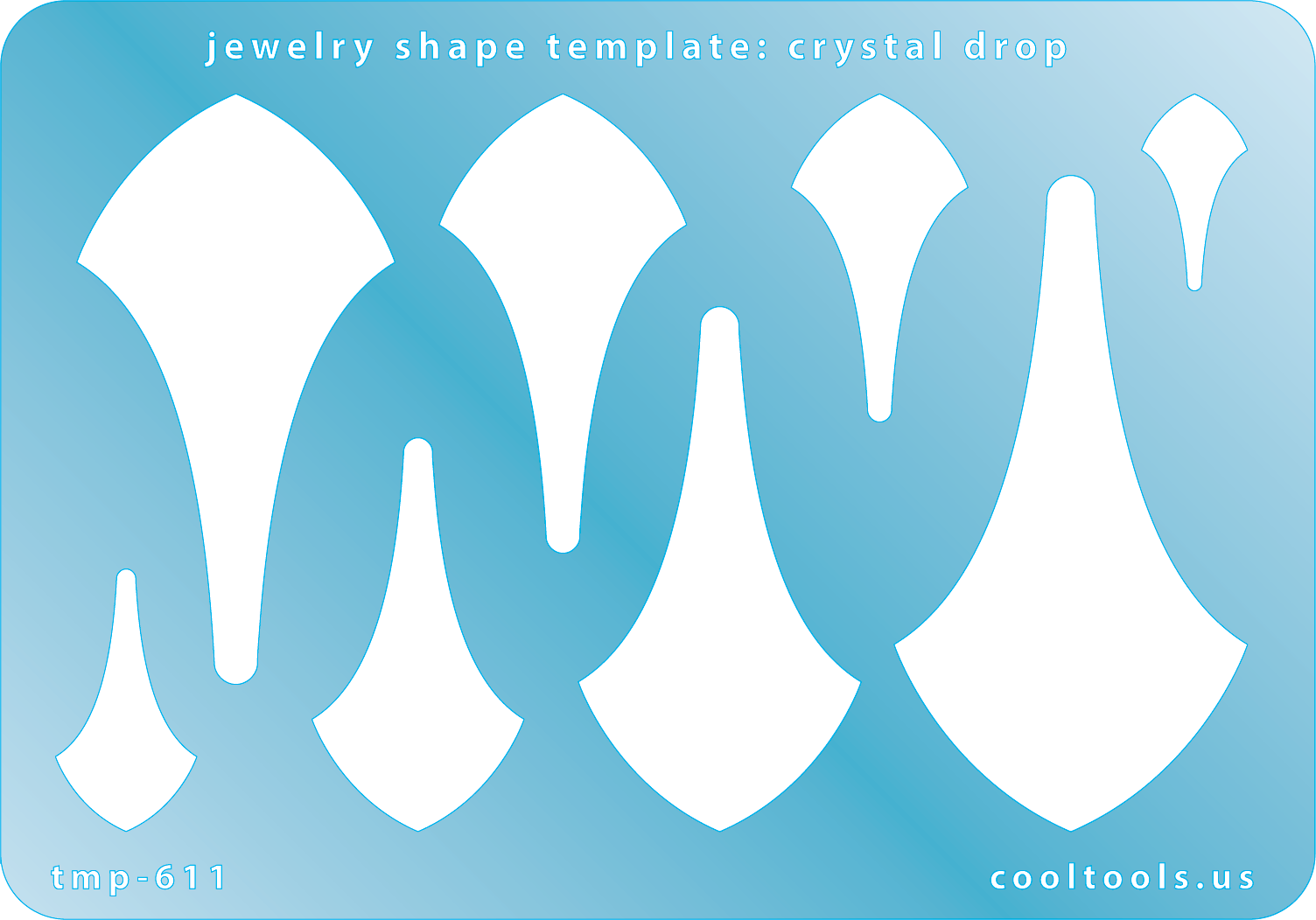 Blue plastic Jewelry Shape Template - Crystal Drop Includes 8 shapes. Sizes are from 18.5mm to 63mm.  Our special surface makes it easy to find these templates on your workbench, but allows clarity for positioning.