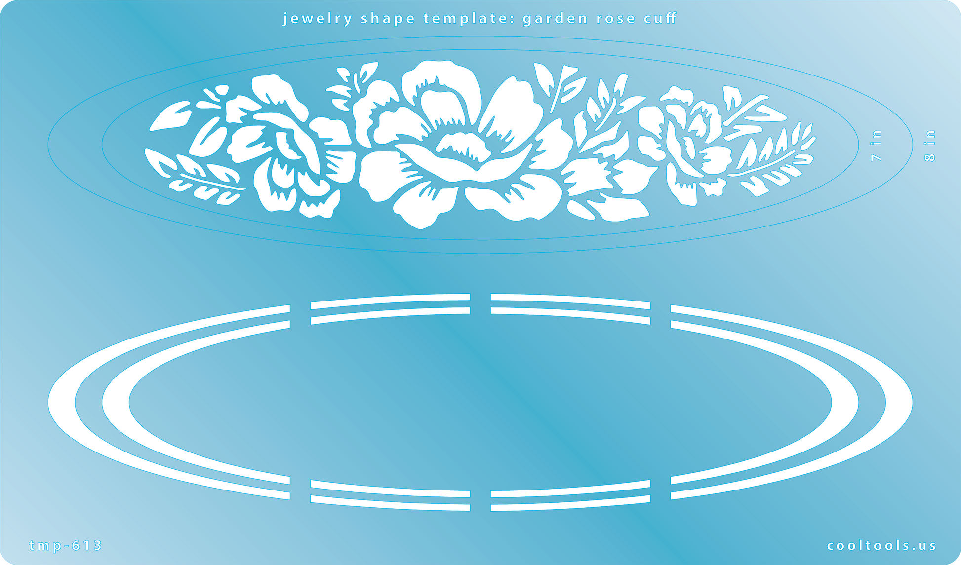 Blue plastic Jewelry Shape Template - Garden Rose Cuff Make beautiful cuffs in sizes ranging from 6-1/2" to 8" in length -- all in one template.  Our special surface makes it easy to find these templates on your workbench, but allows clarity for positioning.