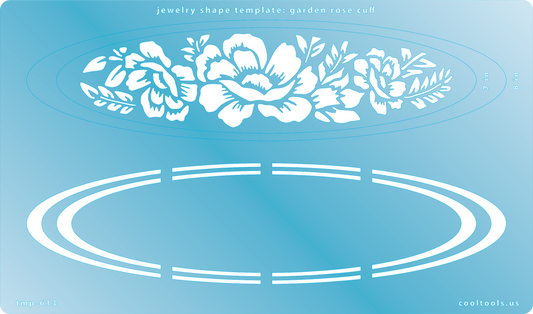 Blue plastic Jewelry Shape Template - Garden Rose Cuff Make beautiful cuffs in sizes ranging from 6-1/2" to 8" in length -- all in one template.  Our special surface makes it easy to find these templates on your workbench, but allows clarity for positioning.