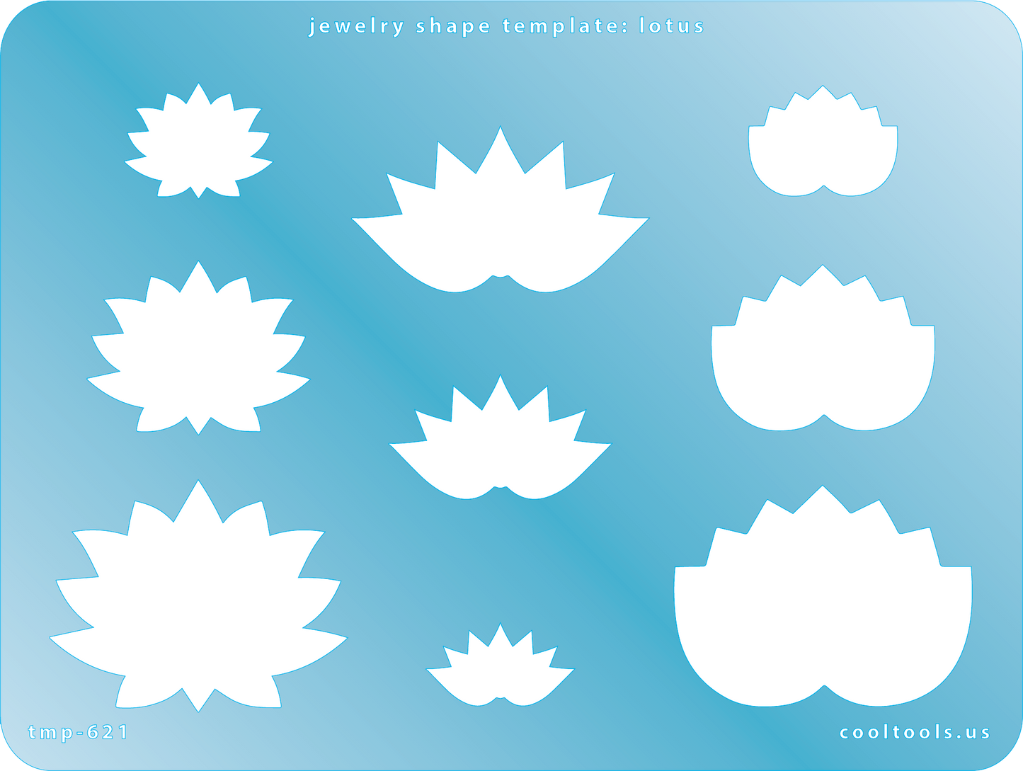 Blue plastic Jewelry Shape Template - Lotus Our special surface makes it easy to find these templates on your workbench, but allows clarity for positioning. Shapes range from 25mm to 51mm.