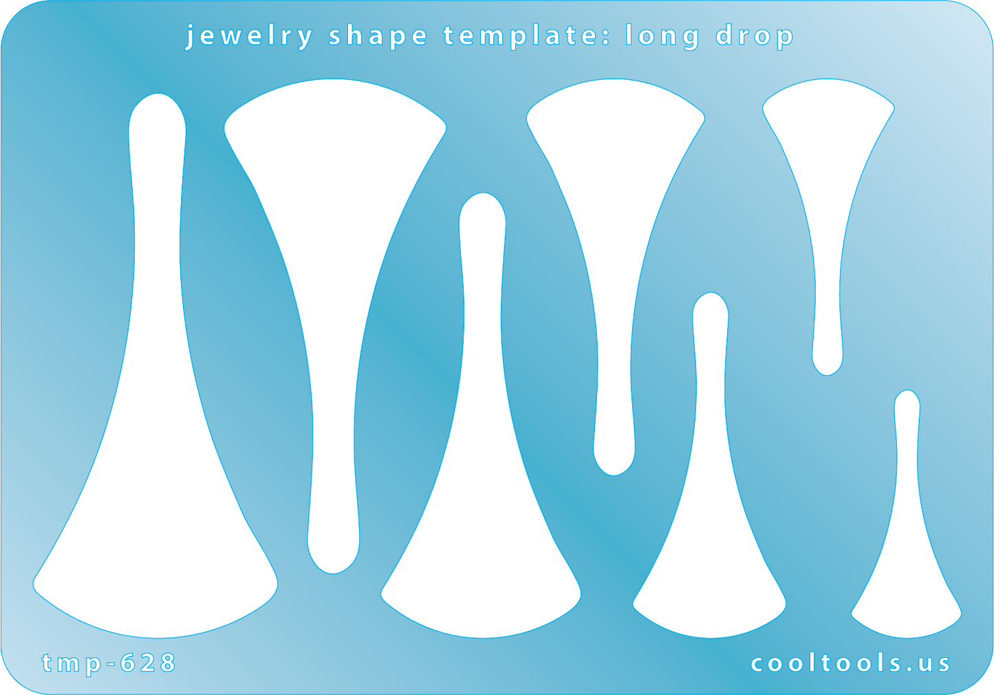 Blue plastic Jewelry Shape Template - Long Drop Includes 7 shapes. Sizes are from 31.5mm to 69.5mm.  Our special surface makes it easy to find these templates on your workbench, but allows clarity for positioning.