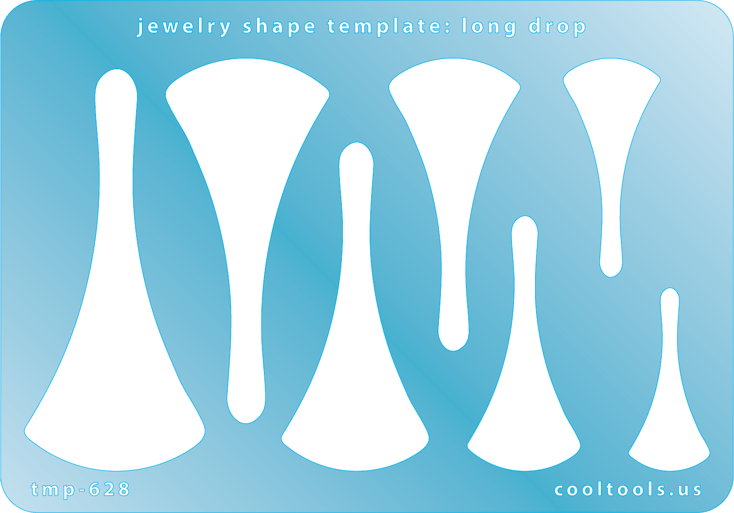 Blue plastic Jewelry Shape Template - Long Drop Includes 7 shapes. Sizes are from 31.5mm to 69.5mm.  Our special surface makes it easy to find these templates on your workbench, but allows clarity for positioning.