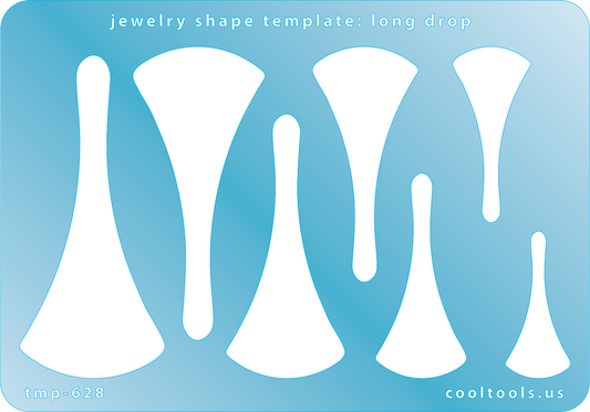 Blue plastic Jewelry Shape Template - Long Drop Includes 7 shapes. Sizes are from 31.5mm to 69.5mm.  Our special surface makes it easy to find these templates on your workbench, but allows clarity for positioning.