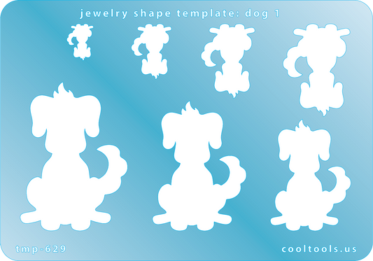 Blue plastic Jewelry Shape Template - Dog 1 Includes 7 shapes. Sizes are from 12mm to 49mm.  Our special surface makes it easy to find these templates on your workbench, but allows clarity for positioning.