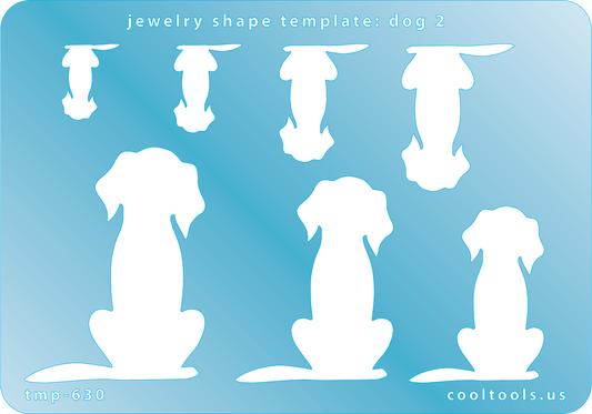 Blue plastic Jewelry Shape Template - Dog 2 Includes 7 shapes. Sizes are from 16mm to 49.5mm.  Our special surface makes it easy to find these templates on your workbench, but allows clarity for positioning.
