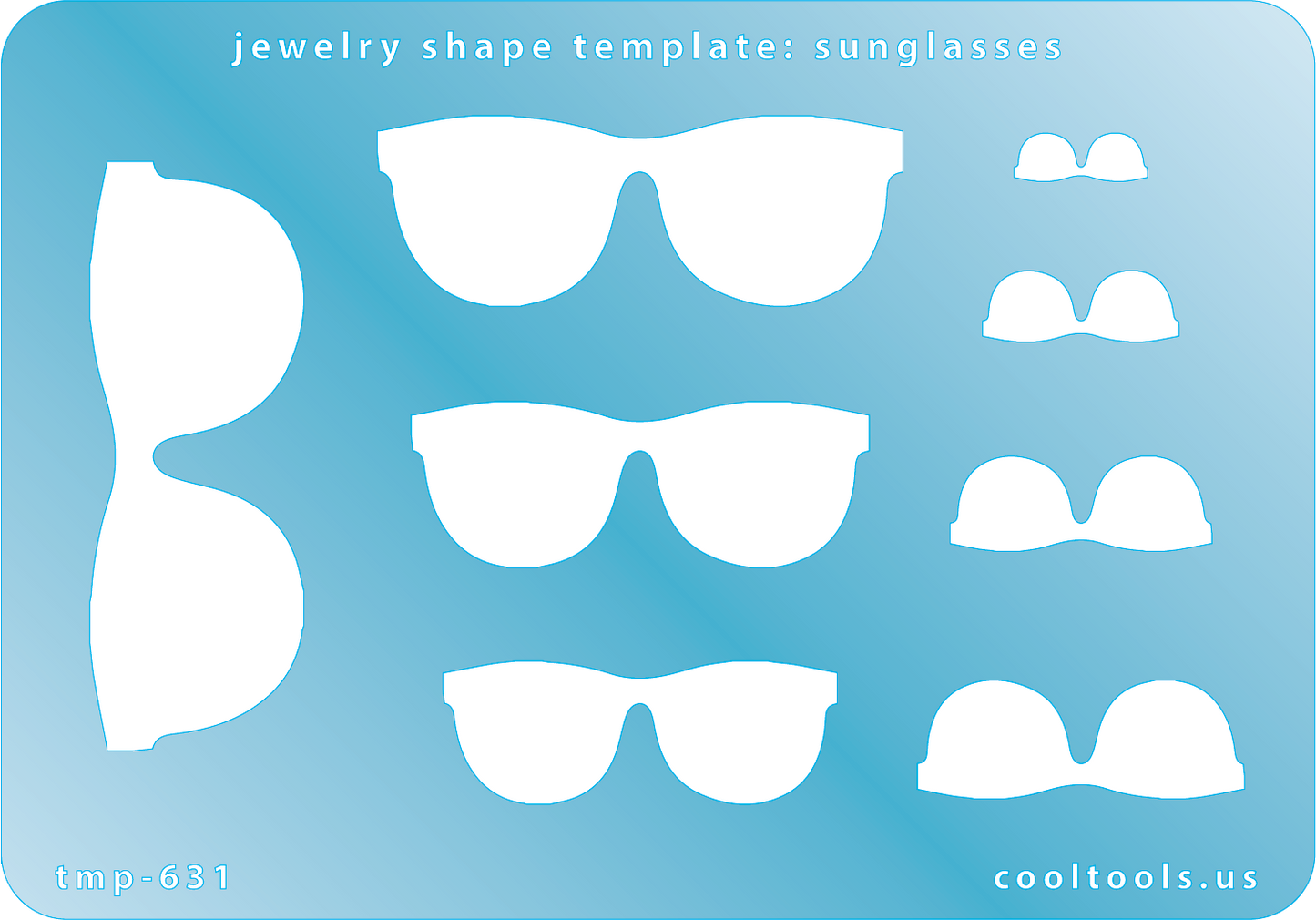 Blue plastic Jewelry Shape Template - Sunglasses Includes 8 shapes. Sizes are from 12.5mm to 57mm.  Our special surface makes it easy to find these templates on your workbench, but allows clarity for positioning.