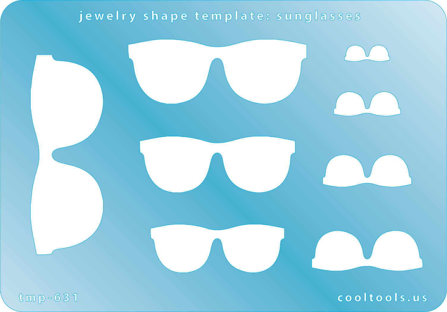 Blue plastic Jewelry Shape Template - Sunglasses Includes 8 shapes. Sizes are from 12.5mm to 57mm.  Our special surface makes it easy to find these templates on your workbench, but allows clarity for positioning.